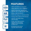 Extensor HDMI 4K con HDBaseT sobre CAT 6/7 hasta 400 pies con control IR y salida de bucle (UHD-EXB400R-K) 