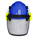 Casco de seguridad con orejeras de color lima montables y protector facial de malla