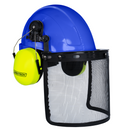 Casco de seguridad con orejeras de color lima montables y protector facial de malla
