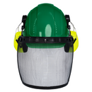 Casco de seguridad con orejeras de color lima montables y protector facial de malla