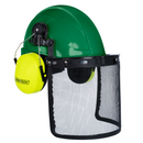 Casco de seguridad con orejeras de color lima montables y protector facial de malla