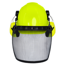 Casco de seguridad con orejeras de color lima montables y protector facial de malla