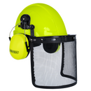 Casco de seguridad con orejeras de color lima montables y protector facial de malla