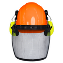 Casco de seguridad con orejeras de color lima montables y protector facial de malla