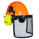 Casco de seguridad con orejeras de color lima montables y protector facial de malla