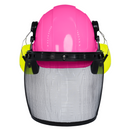Casco de seguridad con orejeras de color lima montables y protector facial de malla