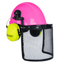 Casco de seguridad con orejeras de color lima montables y protector facial de malla