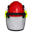 Casco de seguridad con orejeras de color lima montables y protector facial de malla