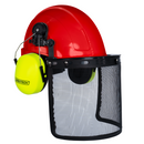 Casco de seguridad con orejeras de color lima montables y protector facial de malla