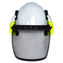 Casco de seguridad con orejeras de color lima montables y protector facial de malla