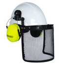 Casco de seguridad con orejeras de color lima montables y protector facial de malla