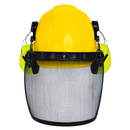 Casco de seguridad con orejeras de color lima montables y protector facial de malla