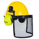 Casco de seguridad con orejeras de color lima montables y protector facial de malla