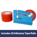 Manual Bag Taper with 10 Red Self-Adhesive 3/8” Tape Rolls