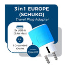 Adaptador de viaje para Europa y Alemania - 3 en 1 - 2 USB - Tipo C - Diseño compacto (U2U-9C)