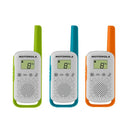 Radio bidireccional Motorola Solutions T110TP en paquete de 3 pilas alcalinas de color blanco, verde, azul y naranja